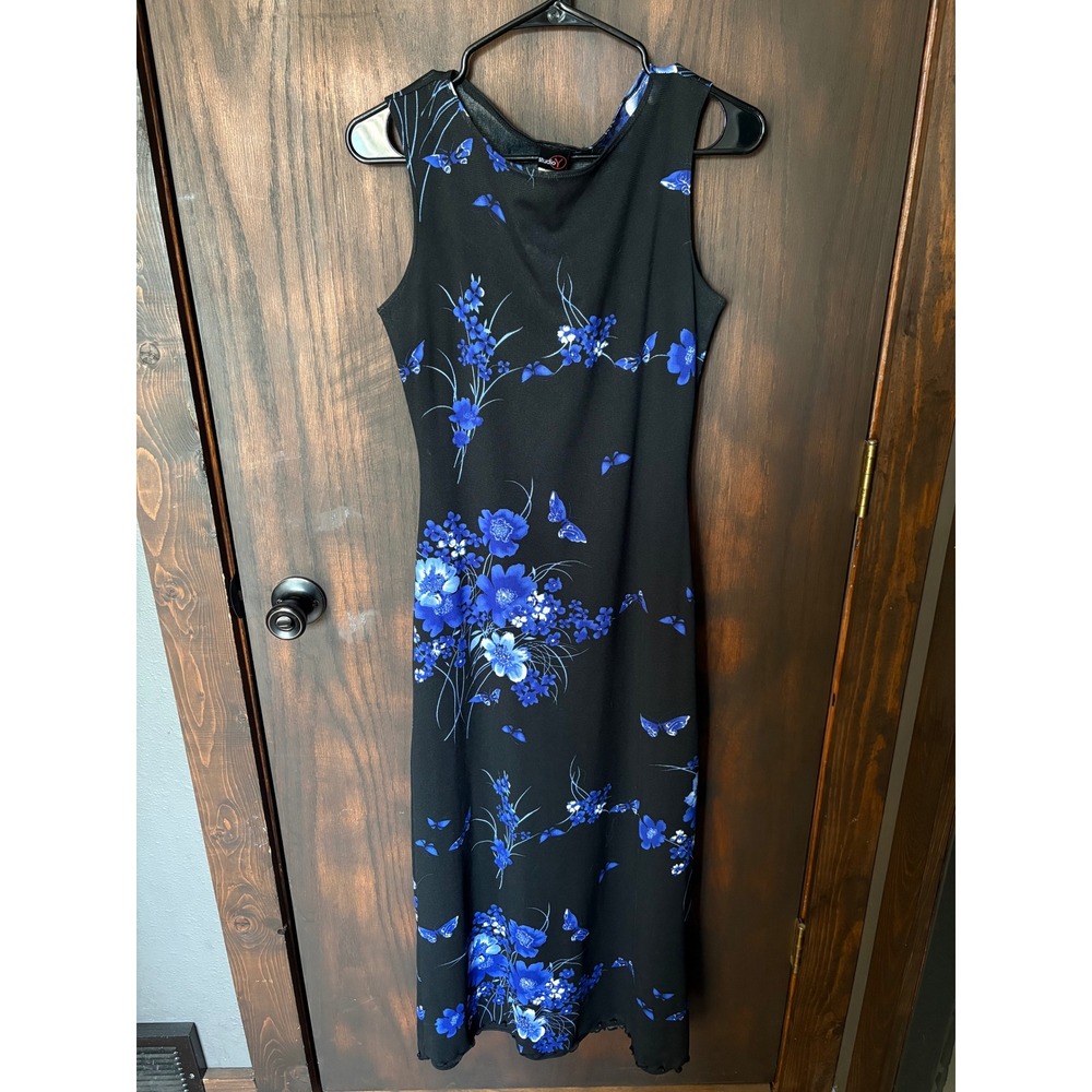90s Y2K Studio Y Womens XL Black Blue Floral Butterfly Maxi Dress Made in USA